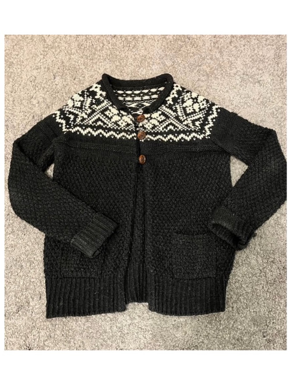 Nordic-style pattern black wool blend cardigan